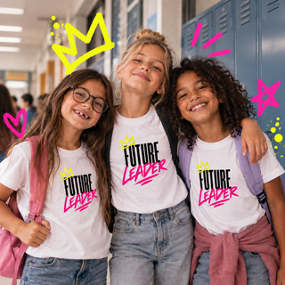FUTURE LEADER kids tee lifestyle image — GIRLFINITY identity tee
