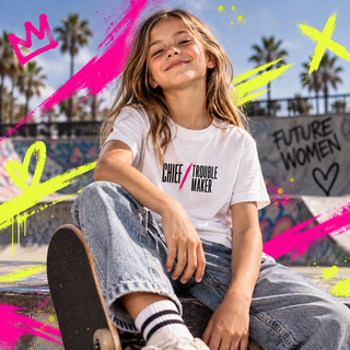CHIEF TROUBLE MAKER kids tee lifestyle image — GIRLFINITY identity tee