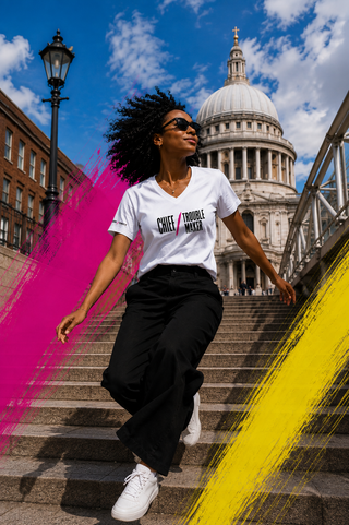 CHIEF TROUBLE MAKER V-neck tee lifestyle image — GIRLFINITY identity tee