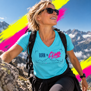 BORN TO CLIMB V-neck tee lifestyle image — GIRLFINITY identity tee
