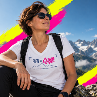 BORN TO CLIMB V-neck tee lifestyle image — GIRLFINITY identity tee