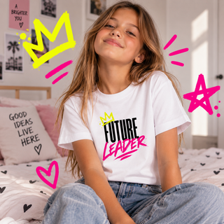 FUTURE LEADER kids tee lifestyle image — GIRLFINITY identity tee