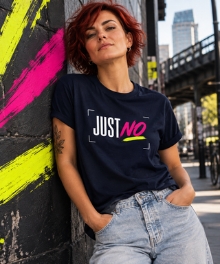 JUST NO tee lifestyle image — GIRLFINITY identity tee