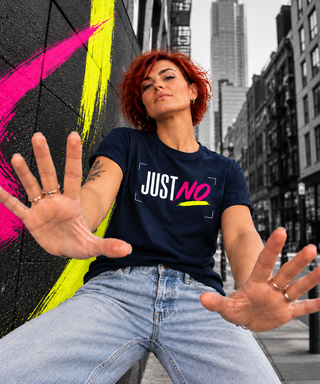JUST NO tee lifestyle image — GIRLFINITY identity tee
