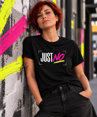 JUST NO tee lifestyle image — GIRLFINITY identity tee