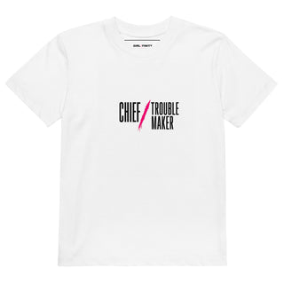 CHIEF TROUBLE MAKER kids tee product view — GIRLFINITY identity tee