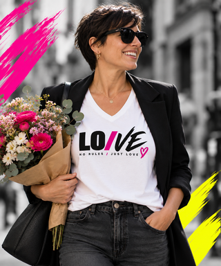 LO/VE V-neck tee lifestyle image — GIRLFINITY identity tee