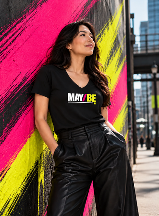 MAY/BE V-neck tee lifestyle image — GIRLFINITY identity tee