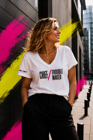 CHIEF TROUBLE MAKER V-neck tee lifestyle image — GIRLFINITY identity tee